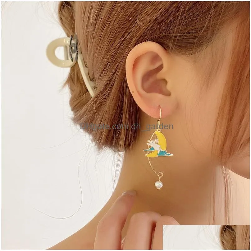 Flower Cute Animal Dangle Earrings For Women Moon Stars Kitten Rabbit Balloon Asymmetric Earring Party Jewelry Gift