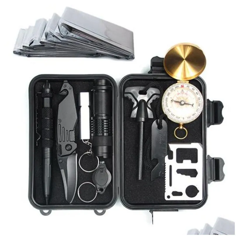 Outdoor Gadgets 20 Set Mtifunction Outdoor Edc Tool Kit Sos Survival Gear Storage Box With Tactical Pen Flashlight Bracelet Sports Out Dhm5A