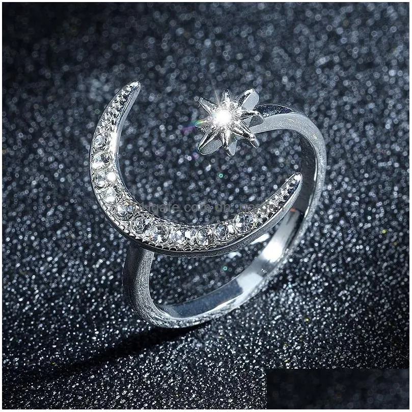 Fashion Finger Ring Silver Color Star Moon Rings For Women Wedding Party Jewelry Shine Crystal Metal Flower Opening anillo