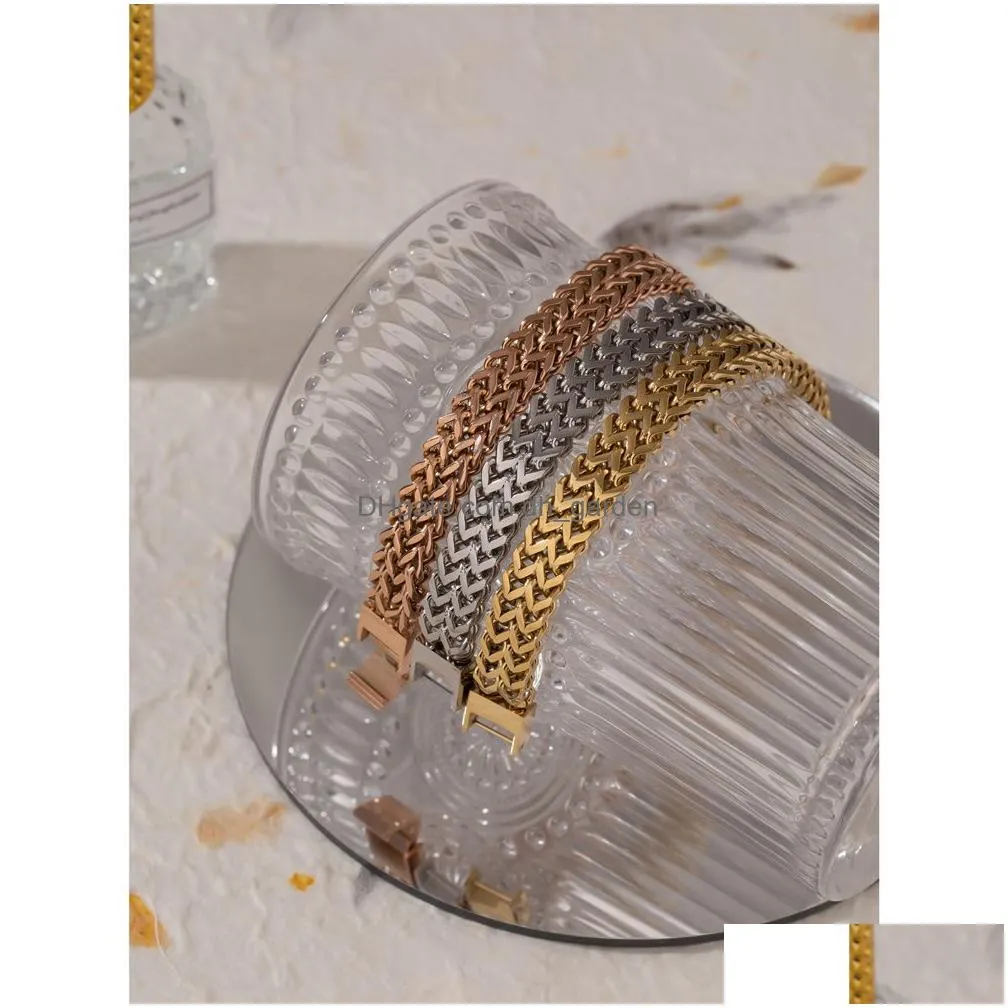 Stainless Steel Cuban Link Chain Bracelet Bangle High Quality Gold Heavy Metal Texture Women