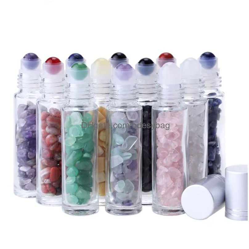 wholesale 10ml essential oil roll-on bottles glass roll on perfume bottle with crushed natural crystal quartz stone crystal roller