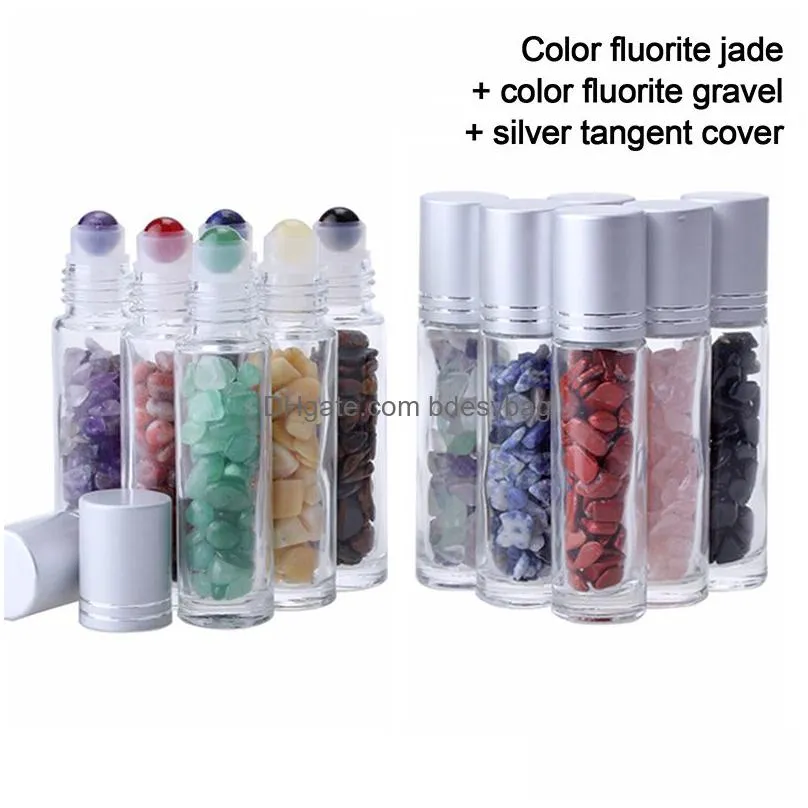 wholesale 10ml essential oil roll-on bottles glass roll on perfume bottle with crushed natural crystal quartz stone crystal roller