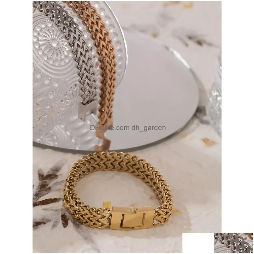 Stainless Steel Cuban Link Chain Bracelet Bangle High Quality Gold Heavy Metal Texture Women