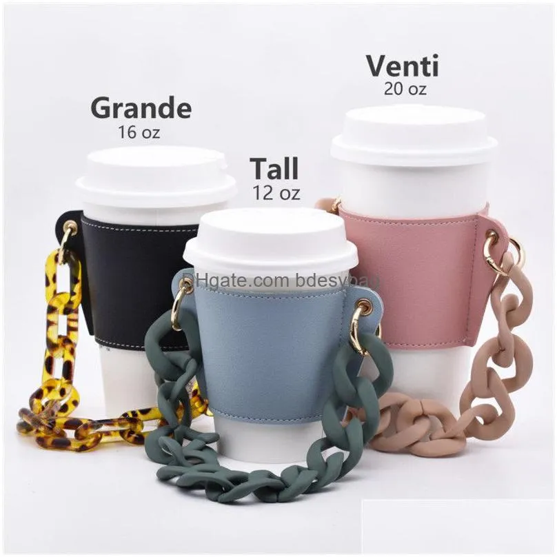 drinkware handle pu leather cup holder portable glass bottle leather case eco-friendly coffee cups bag detachable chain bottles cover for