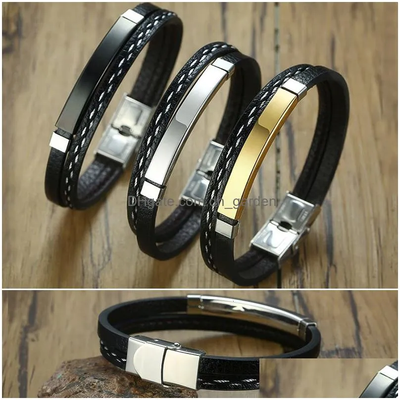 Multi Layer Leather Bracelets for Men Women Customizable Engraving Stainless Steel Casual Personalized Bangle 21cm