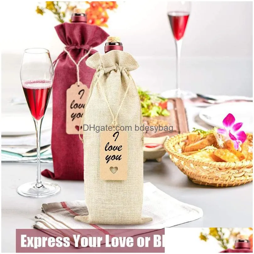 wholesale 12pcs rustic jute burlap wine bags drawstring covers reusable bottle wrap gift package bag35x15