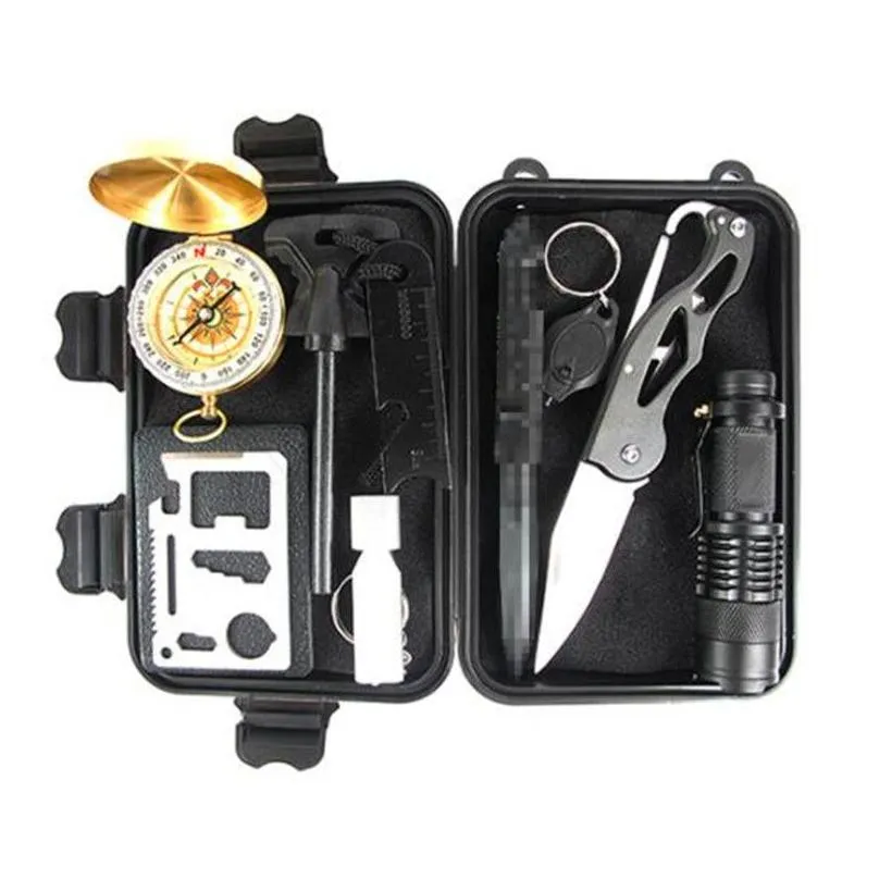 Outdoor Gadgets 20 Set Mtifunction Outdoor Edc Tool Kit Sos Survival Gear Storage Box With Tactical Pen Flashlight Bracelet Sports Out Dhm5A