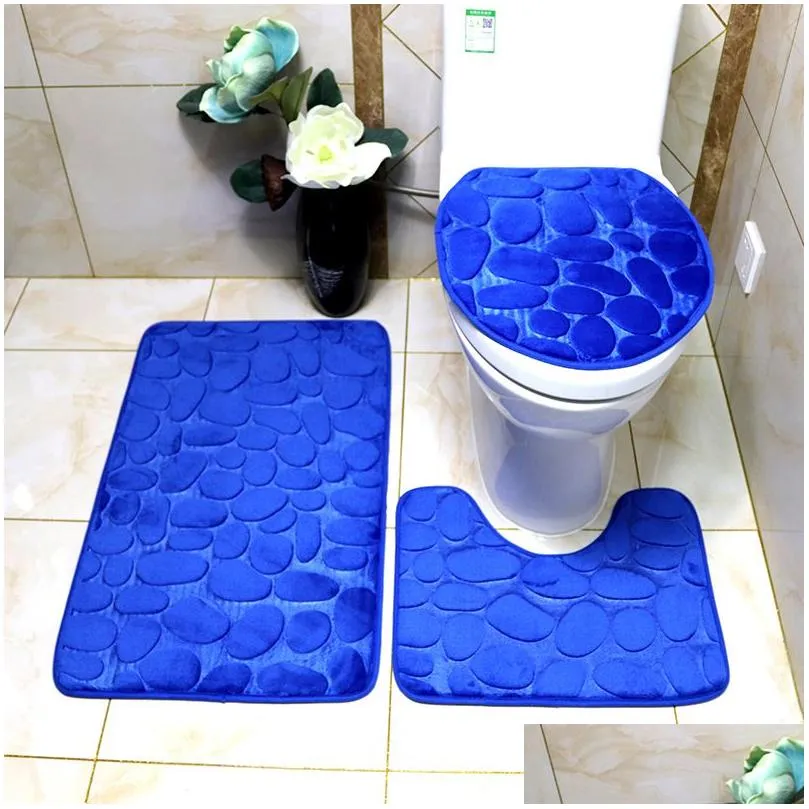 Bath Mats 3Pcs/Set Bath Mat Flannel Anti Slip Absorbent Bathroom Cobblestone Floor Toilet Lid Er D Contour Foot Pad Soft Rugs Carpet H Dheui