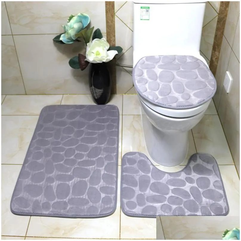 Bath Mats 3Pcs/Set Bath Mat Flannel Anti Slip Absorbent Bathroom Cobblestone Floor Toilet Lid Er D Contour Foot Pad Soft Rugs Carpet H Dhwcy