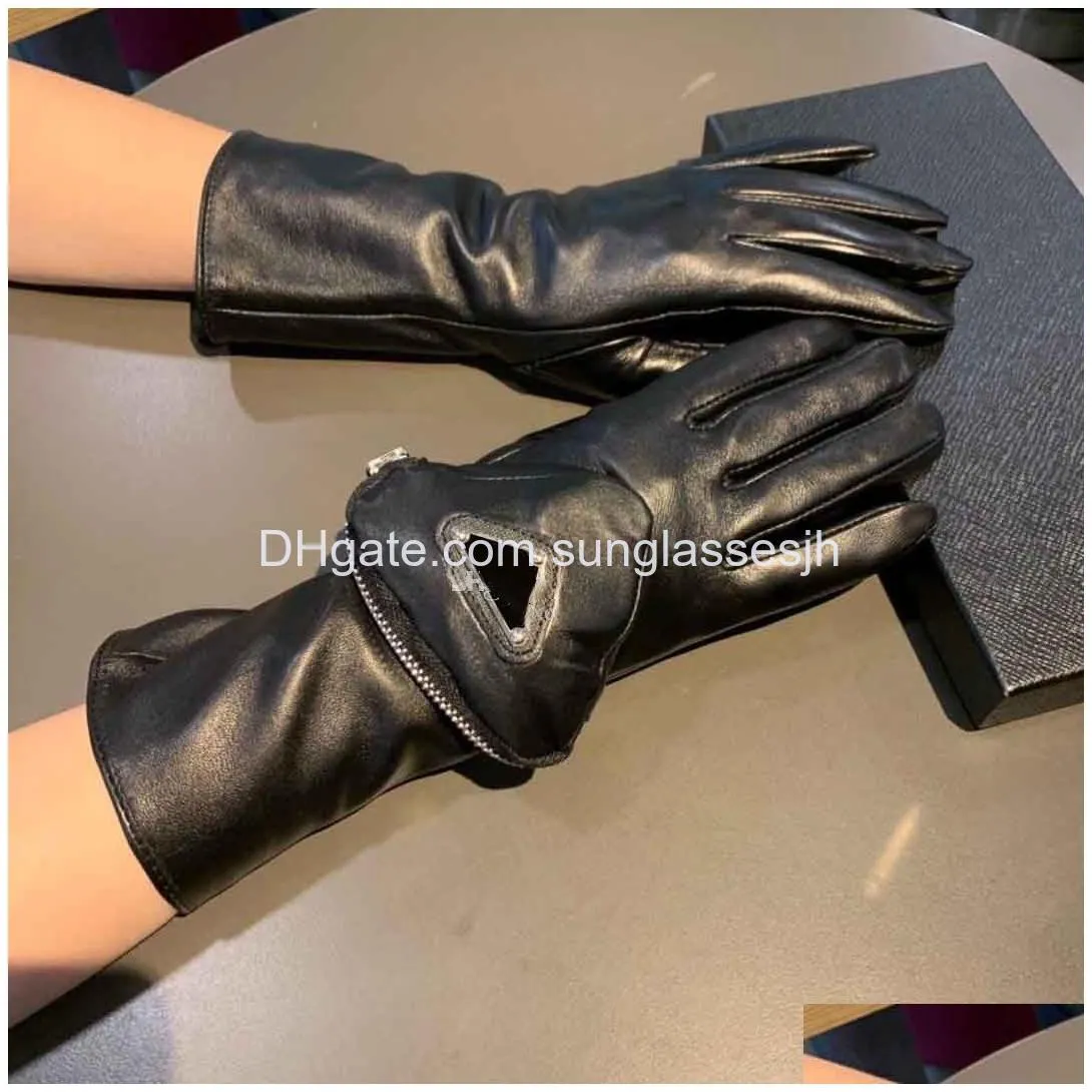 new triangle bags leather sheepskin gloves cashmere lining mittens outdoor women winter warm gloves with box