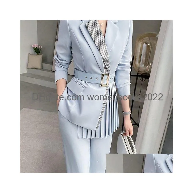 Womens Two Piece Pants Dress Irregar Pleated Blazers Coat Ol Turn Down Collar Suit Cardigan Belted Jacket Tops Long Spring Autumn 2P Dh3Pp