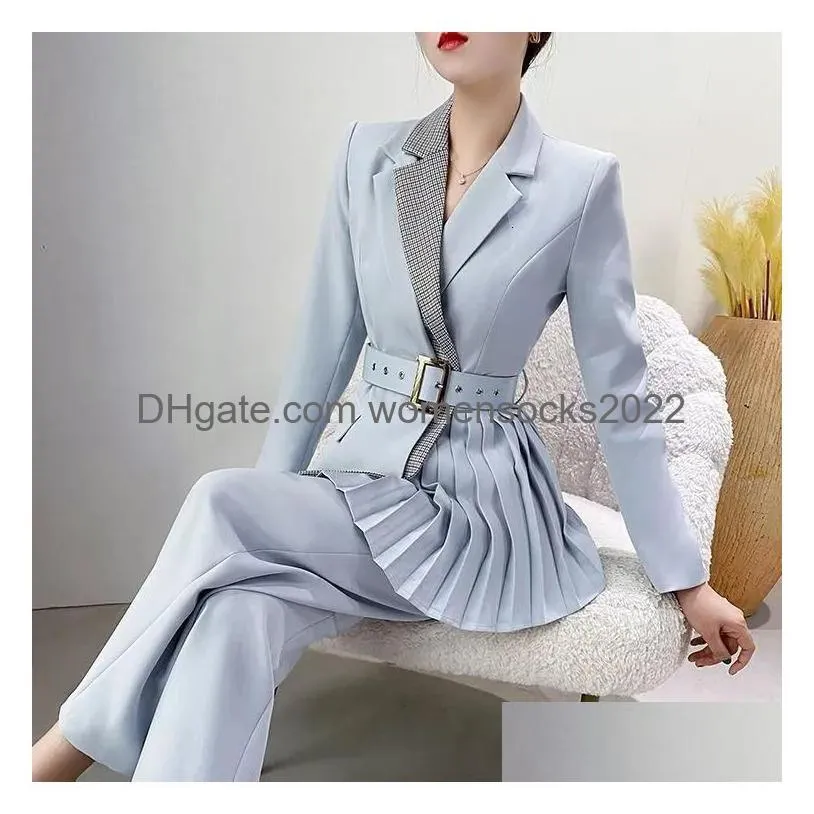 Womens Two Piece Pants Dress Irregar Pleated Blazers Coat Ol Turn Down Collar Suit Cardigan Belted Jacket Tops Long Spring Autumn 2P Dh3Pp