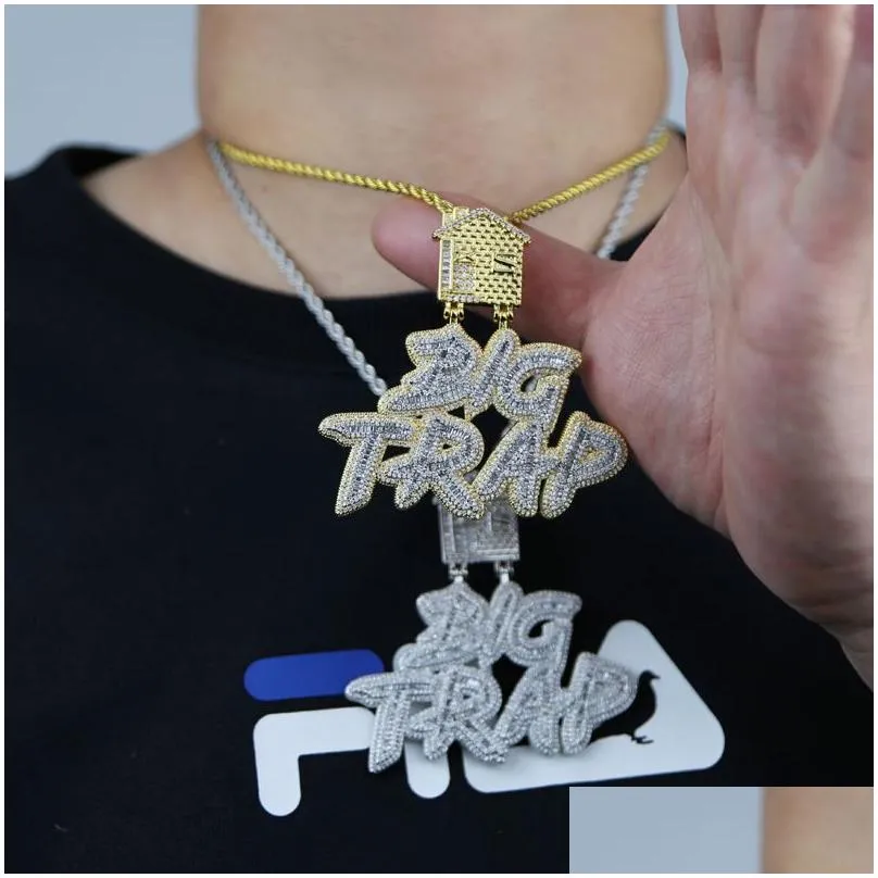 iced out letter big trap with house pendant pave full cubic zircon fit cuban chain hip hop necklace jewelry wholesale