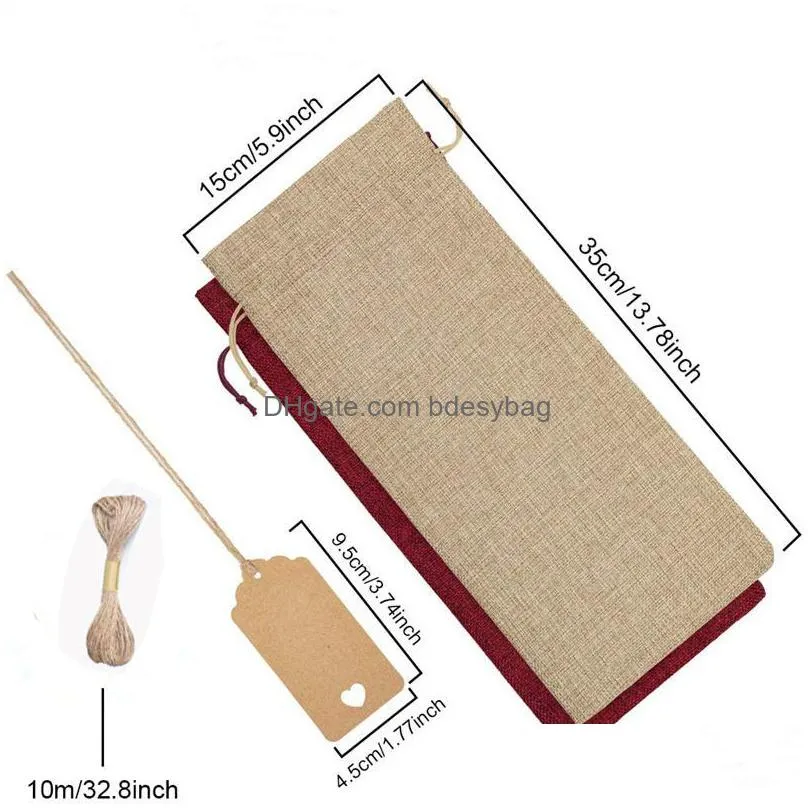 wholesale 12pcs rustic jute burlap wine bags drawstring covers reusable bottle wrap gift package bag35x15