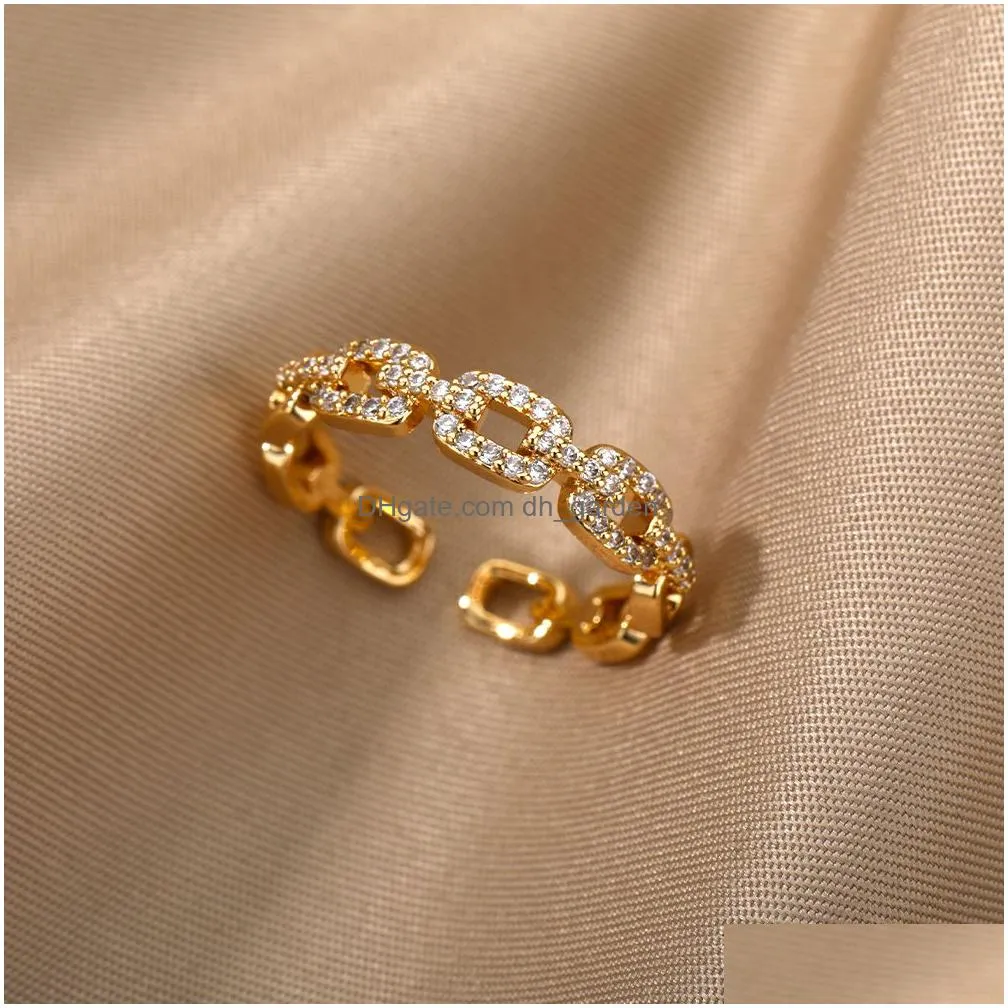 Classic Twist Chain Open Rings For Women Zircon Stainless Steel Geometric Twist Wrapped Couple Ring Wedding Aesthetic Jewelry