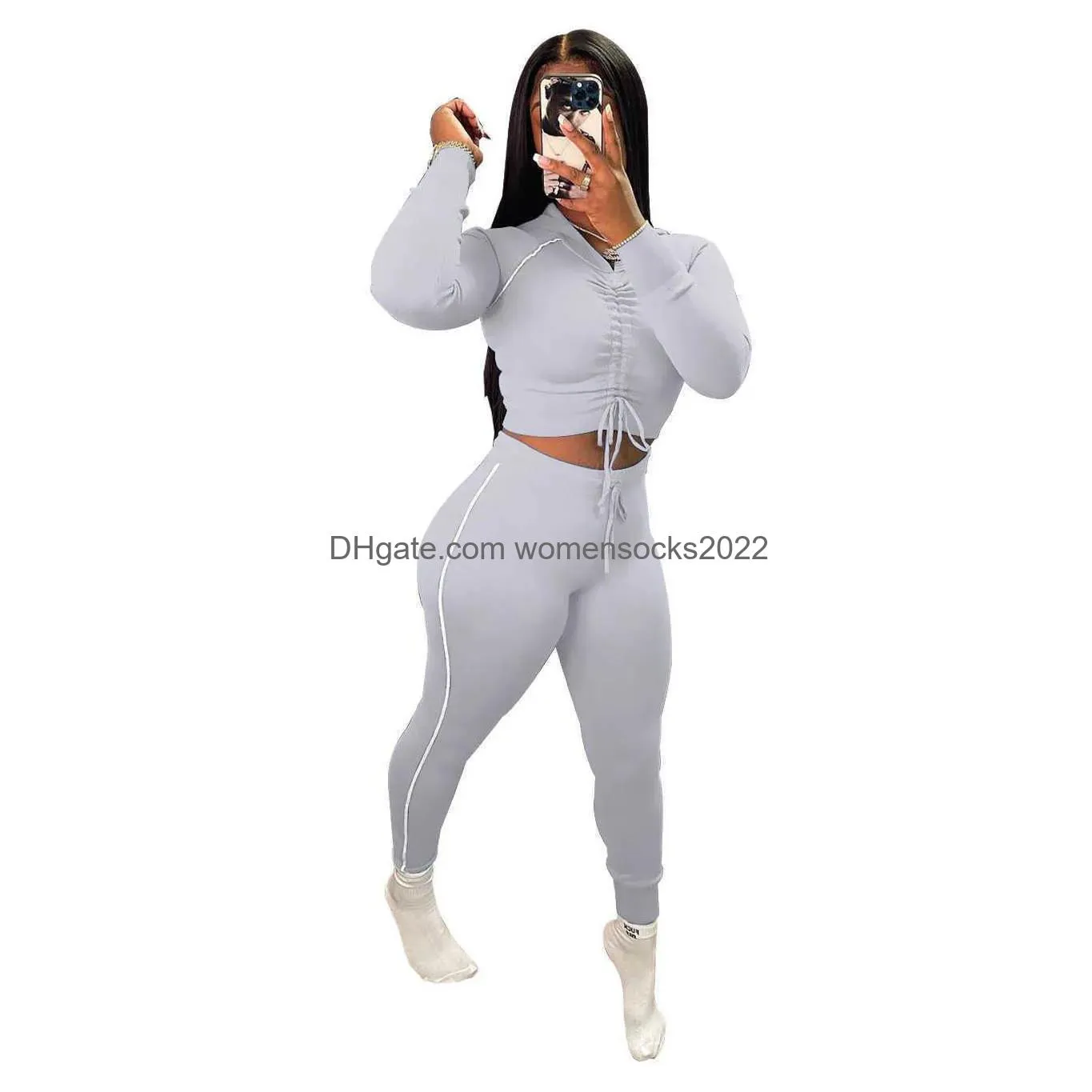 designers women sports tracksuits clothes 2023 pleated hooded long sleeved trousers two piece set solid color elastic suit women