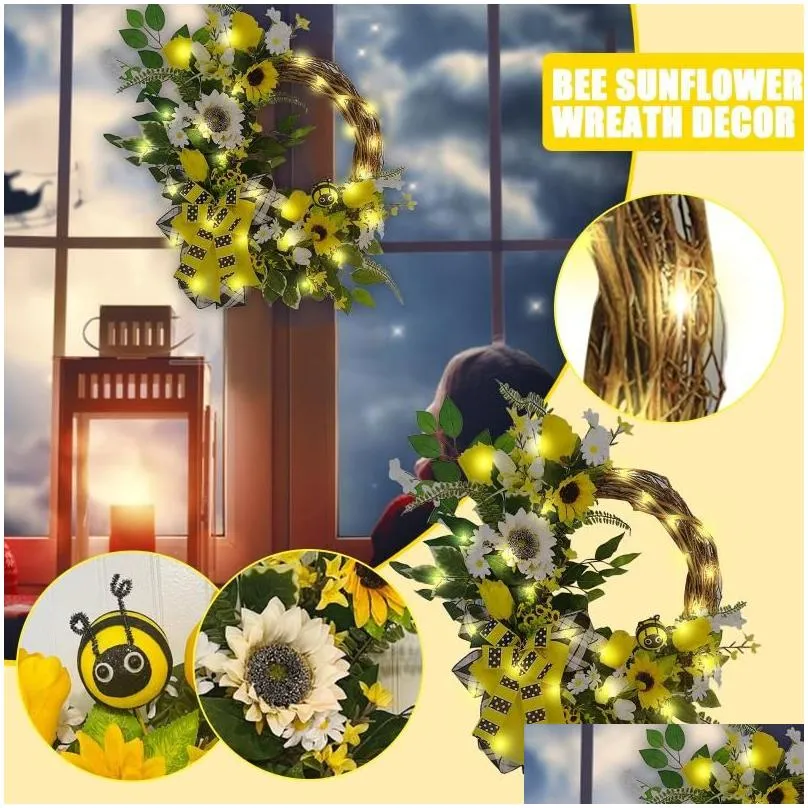 Decorative Flowers & Wreaths Decorative Flowers Wreaths 22In Bee Front Door Garlands Wedding Decoration Sunflower Wreath Home Decor Wi Dhpo1