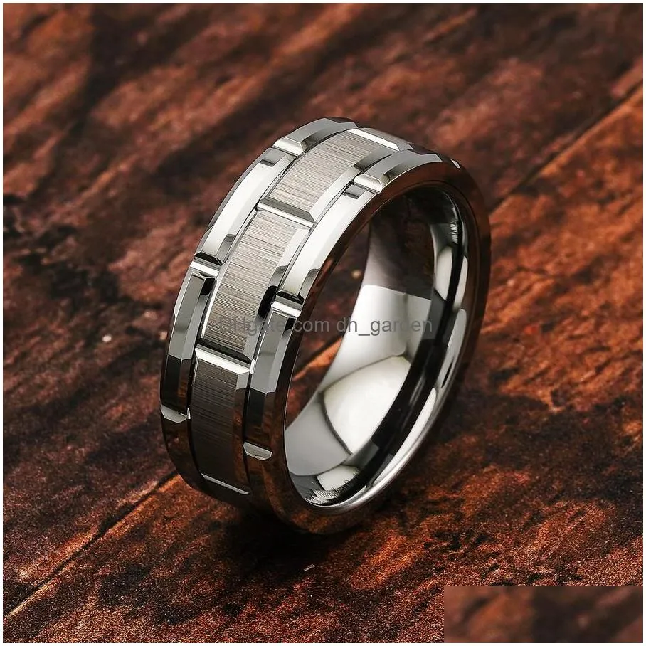 Men 8MM Stainless Steel Ring Silver Brushed Double Groove Pattern Mens Wedding Ring Party Jewelry For Women Gift