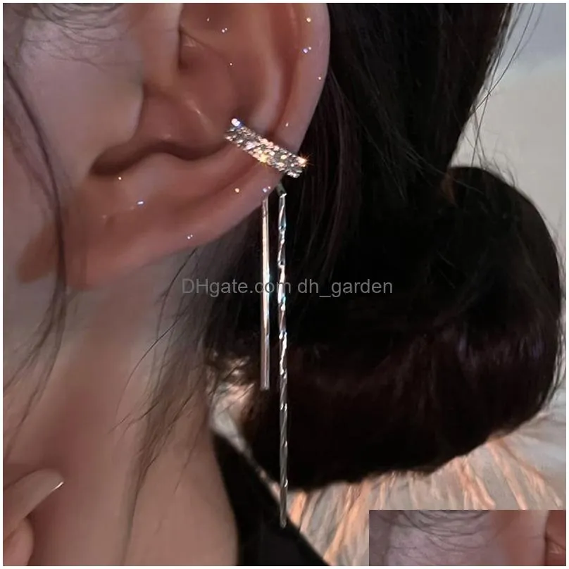 Silver Color Crystal Tassel Non-Piercing Cuff Ear Clip Earring For Women Shiny Rhinestone Chain Fake Cartilage Piercing Jewelry