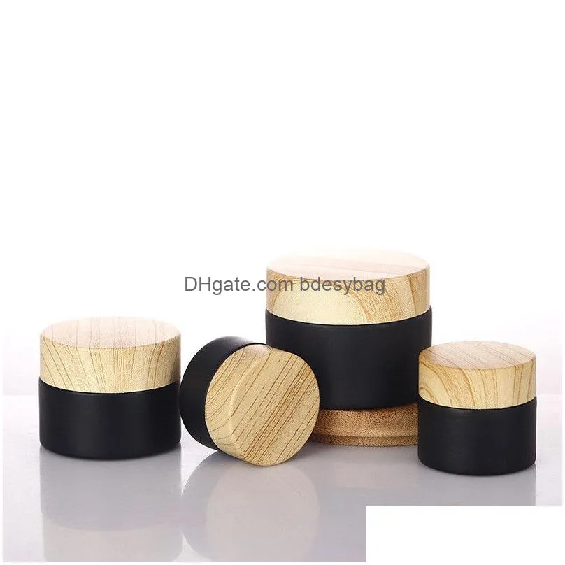 wholesale 5g-50g black frosted glass jar cream bottles round cosmetic jars hand face packing bottle with wood grain cover