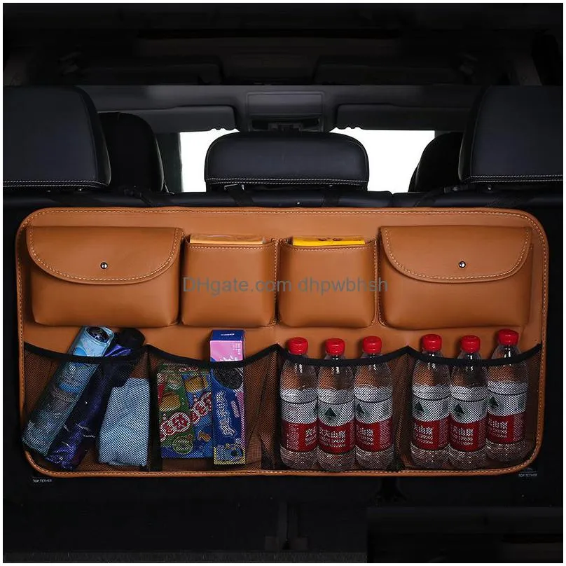 quality leather car rear seat back storage bag multi hanging mesh nets pocket trunk bag organizer auto stowingtidying supplies