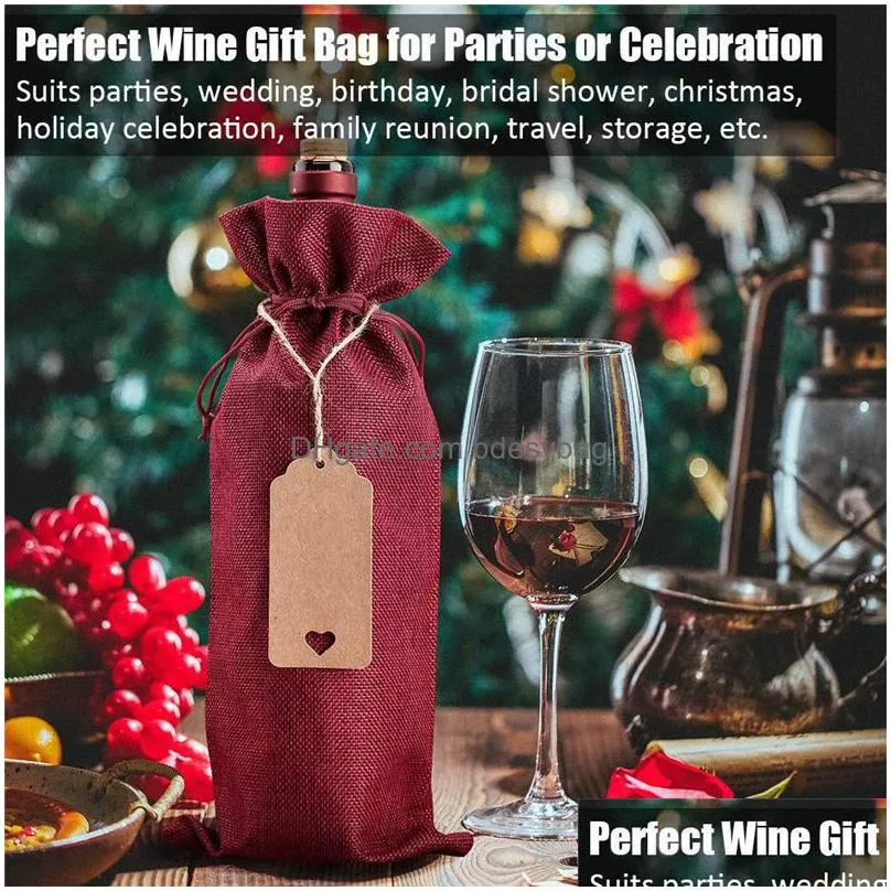 wholesale 12pcs rustic jute burlap wine bags drawstring covers reusable bottle wrap gift package bag35x15