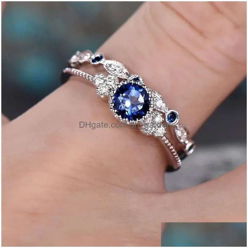 2Pcs/Set Classic Ring Created Birthstone Delicate Slim Ring for Women
