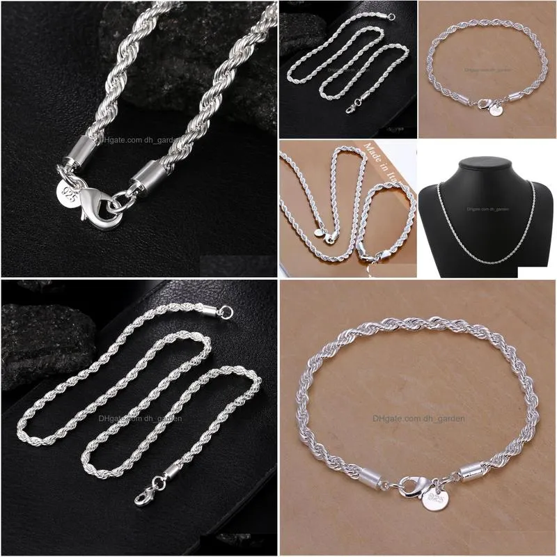 high quality silver color 4MM women men chain male twisted rope necklace bracelets fashion Silver jewelry Set