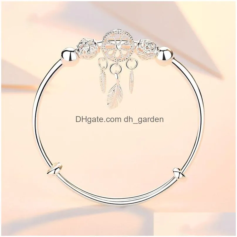 Silver Bangle Dreamcatcher Tassel Feather Round Bead Charm Bracelet Cuff For Women Elegant wedding