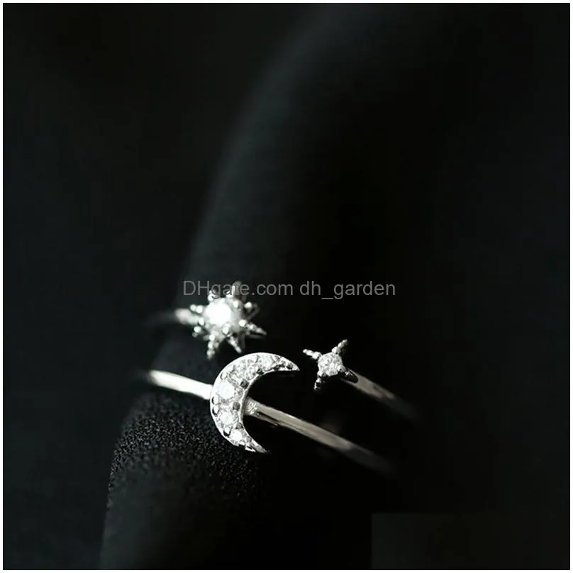 Sterling Silver Sweet Double Layer Star Moon Opening Ring For Women Finger Rings Wedding Jewelry S-R798