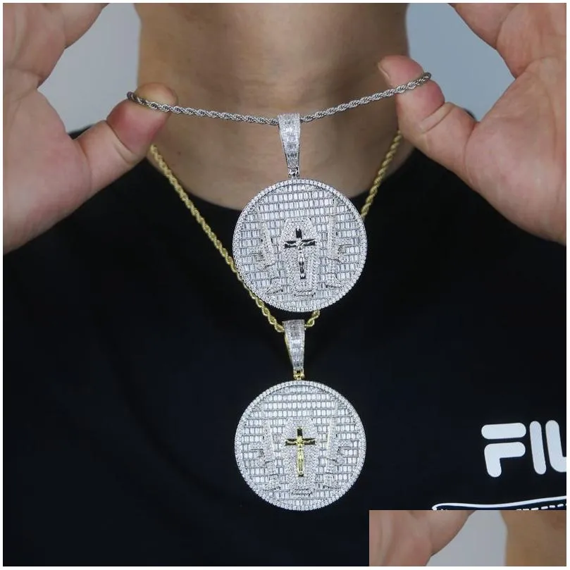 iced out round shape jesus gun pendant paved full cz stone fit cuban chain necklace for women men hip hop jewelry wholesale