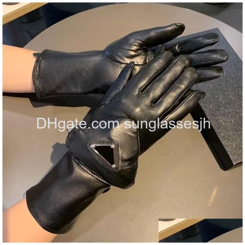 new triangle bags leather sheepskin gloves cashmere lining mittens outdoor women winter warm gloves with box