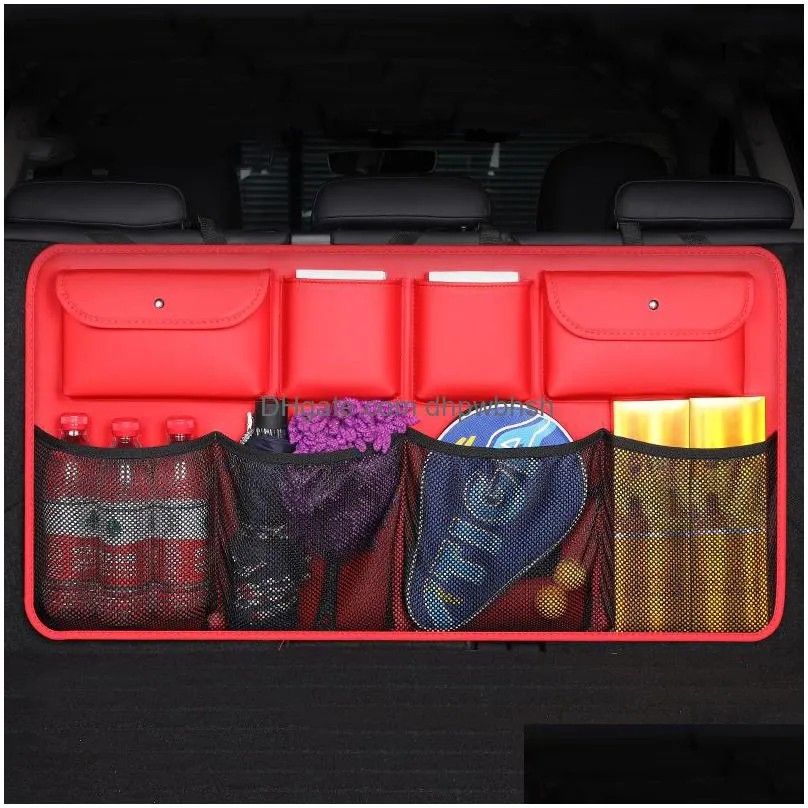 quality leather car rear seat back storage bag multi hanging mesh nets pocket trunk bag organizer auto stowingtidying supplies