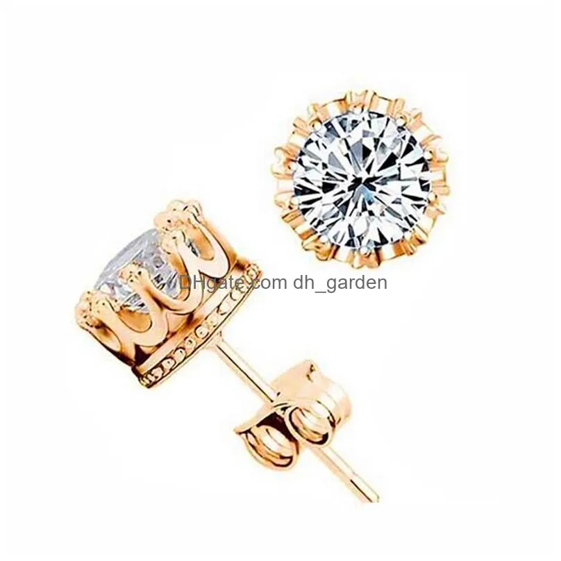 Fashion Jewelry Crown Women Classic Shining Zircon Small Stud Earrings Gold Color Ears Stud For Men Crystal Earrings WE132