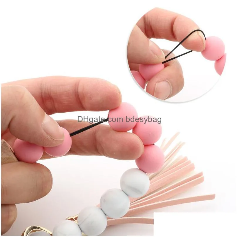 silicone keychains tassel wood beads bracelet keyring pendant for women accessories party supplies