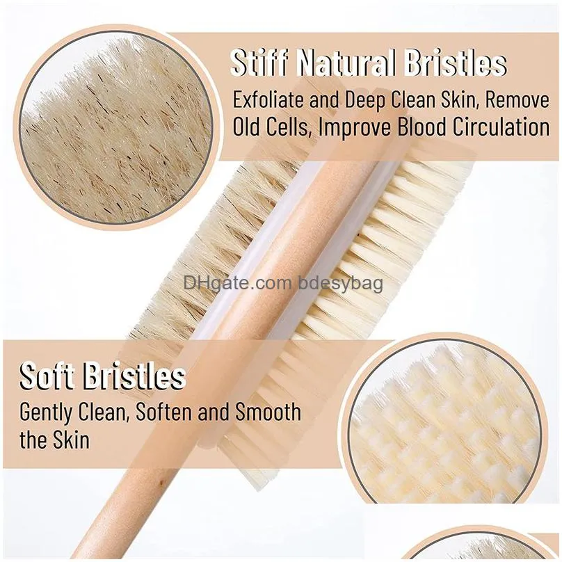 shower bath brush with soft and stiff bristles bath dual-sided long handle back body exfoliator for wet or dry brushing