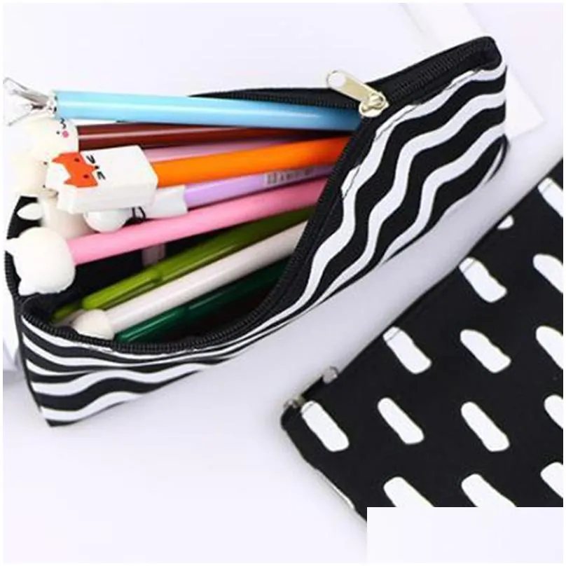 Pencil Bags Wholesale Black Striped Pencil Bag Pocket Cosmetic Pencils Pens Holder Storage Case Bags Office School Supplier Office Sch Dhc2E