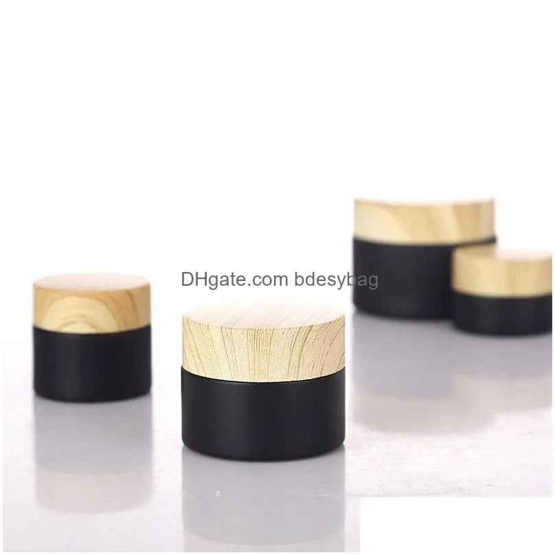 wholesale 5g-50g black frosted glass jar cream bottles round cosmetic jars hand face packing bottle with wood grain cover