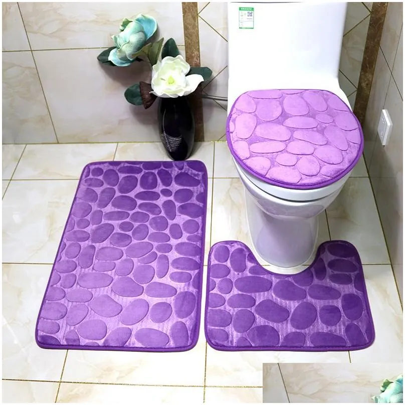 Bath Mats 3Pcs/Set Bath Mat Flannel Anti Slip Absorbent Bathroom Cobblestone Floor Toilet Lid Er D Contour Foot Pad Soft Rugs Carpet H Dheui