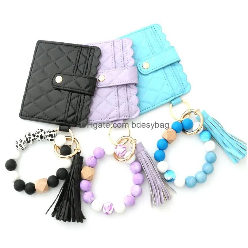 wristlet keychain bracelet holder key ring party favor silicone car wallet beaded bangle with card leather tassel for women and girls
