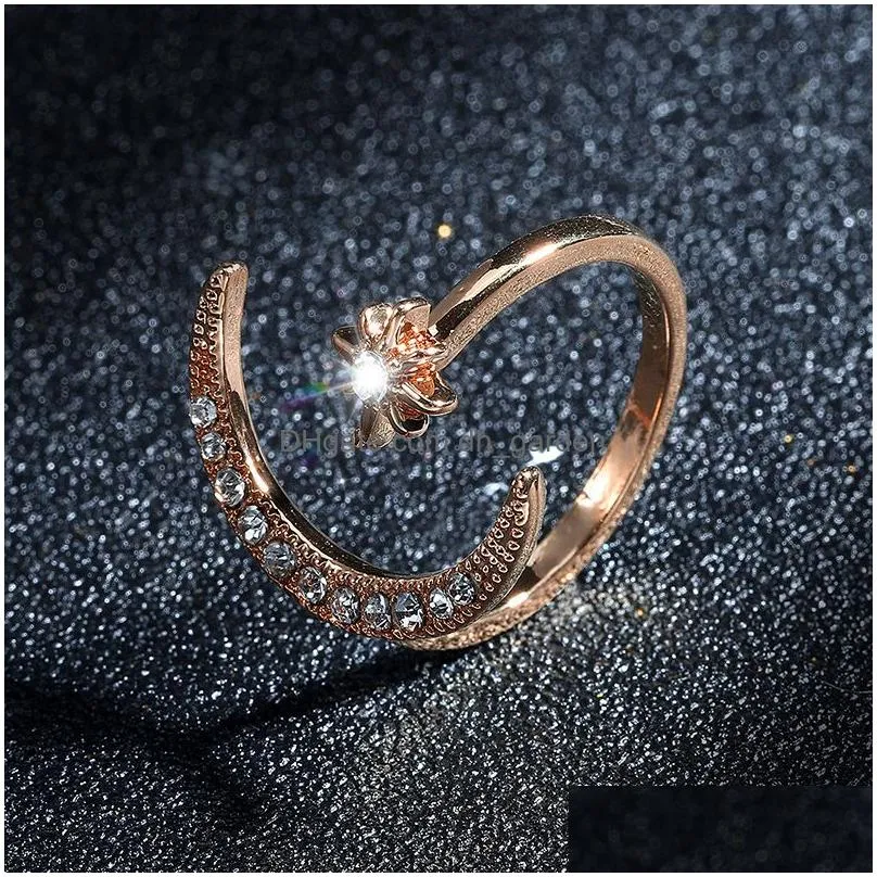 Fashion Finger Ring Silver Color Star Moon Rings For Women Wedding Party Jewelry Shine Crystal Metal Flower Opening anillo