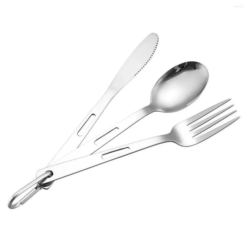 Dinnerware Sets Dinnerware Sets 3Pcs/Set Outdoor Cutlery Set Stainless Steel Tra Lightweight Knife Fork Spoon Travel Cam Picnic Portab Dhqom