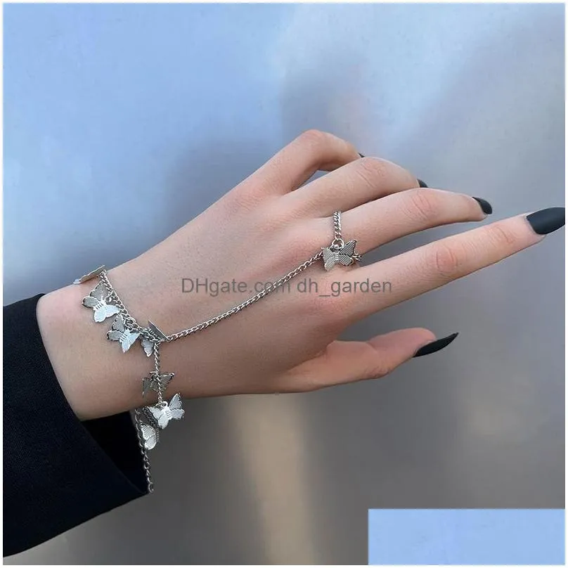 Vintage Punk Butterfly Ring With Bracelet Link Wrist Chain Finger For Women Charms Ring Lady Trendy Aesthetic Jewelry Gift