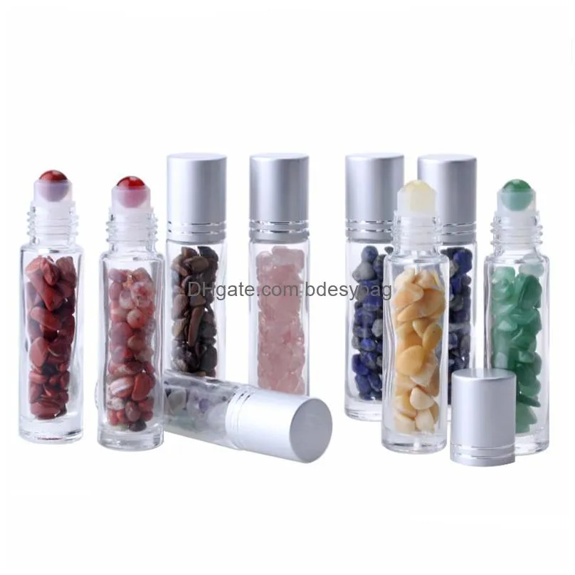 wholesale 10ml essential oil roll-on bottles glass roll on perfume bottle with crushed natural crystal quartz stone crystal roller