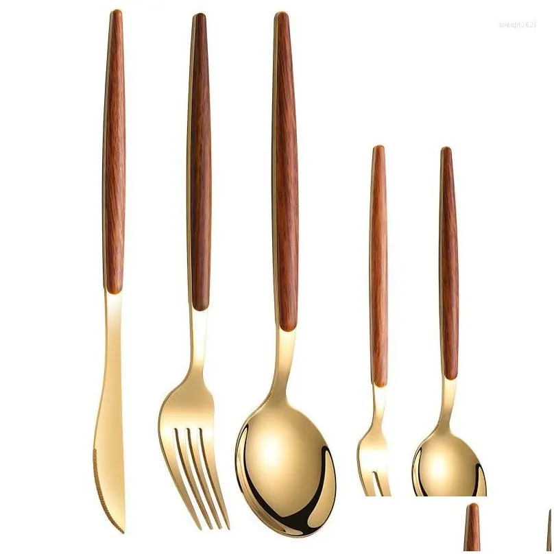Dinnerware Sets Dinnerware Sets Golden Imitation Walnut Portuguese Tableware 430 Stainless Steel Knife And Fork Spoon Western Steak Cy Dhhqd