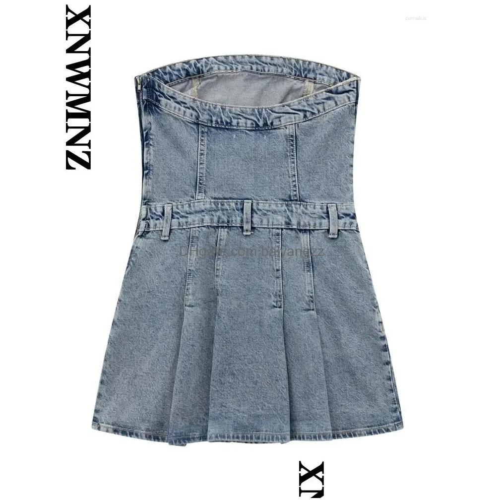 casual dresses xnwmnz womens fashion 2023 denim box pleated strapless dress women straight neck off shoulder side pockets female mini