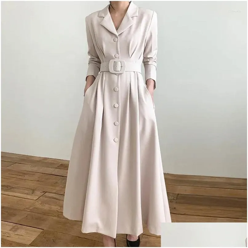 casual dresses chic elegant autumn spring single breasted windbreak long dress for women notched collar pockets office ladies belt