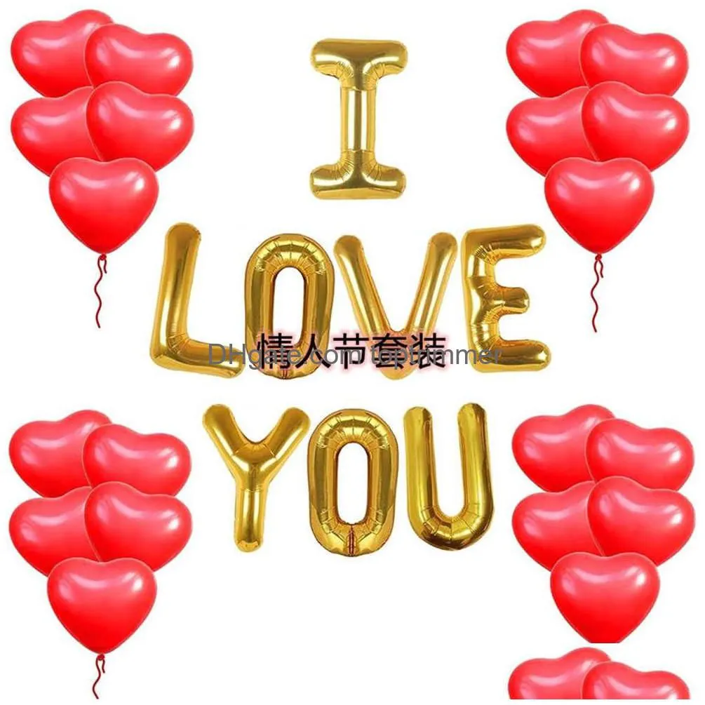 couple love heart shape balloon 2022 valentine`s day weddings party decoration set aluminum film iloveyou golden red ball decoration gifts supplies