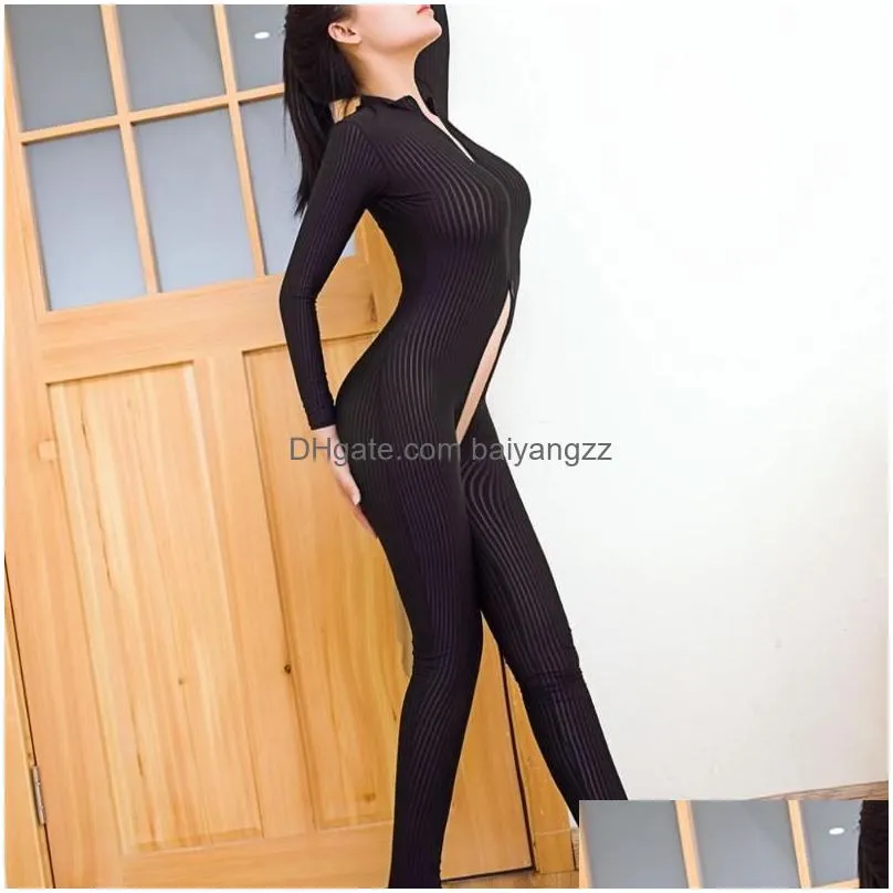 catsuit costumes women lingerie crotchless bodysuit long sleeve zipper jumpsuit nightwear