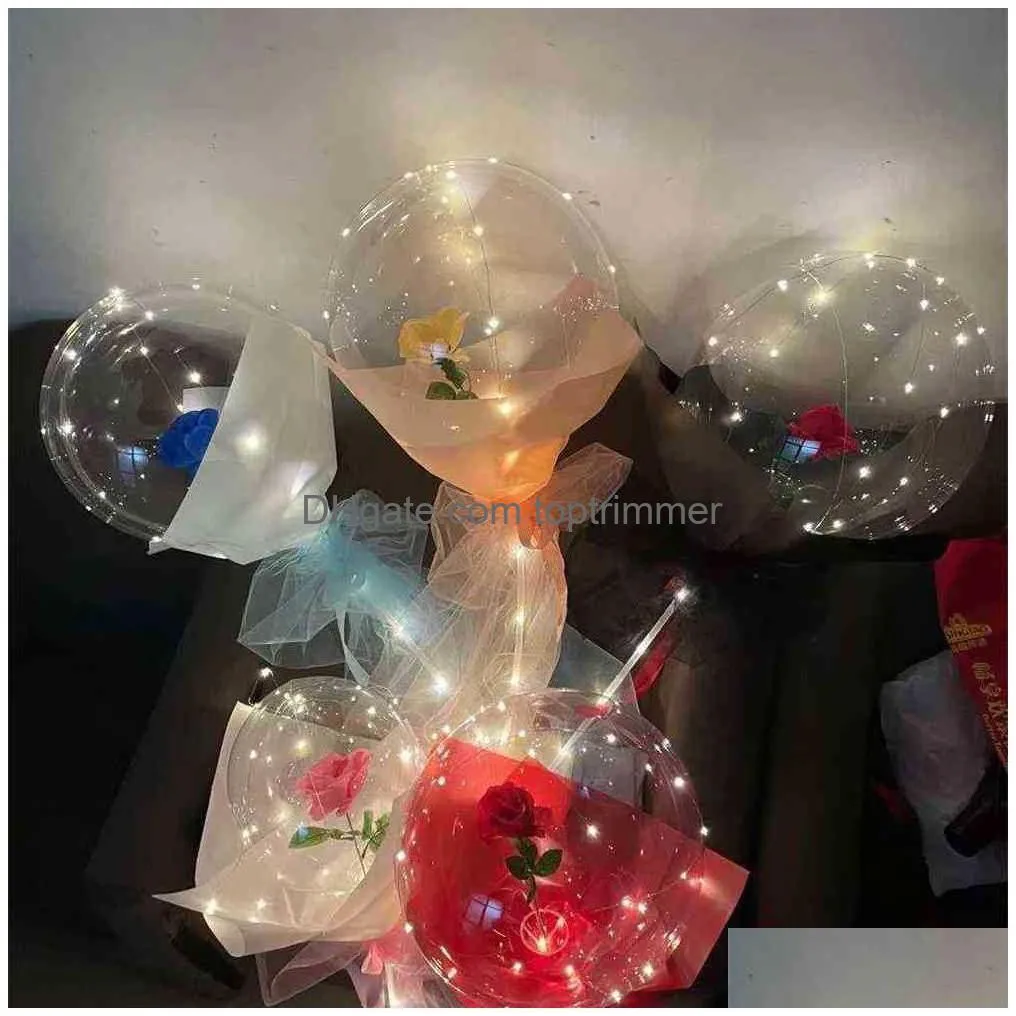 led luminous balloon rose bouquet transparent clear bobo balls with stick bobo ball valentine`s day gift birthdays weddings parties favor ornament decor